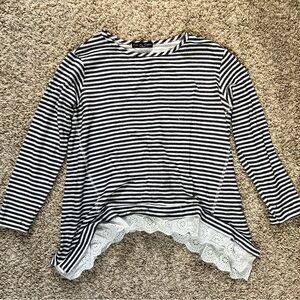 Kim & Cami Black and White Striped Long Sleeve Top with Lace Trim